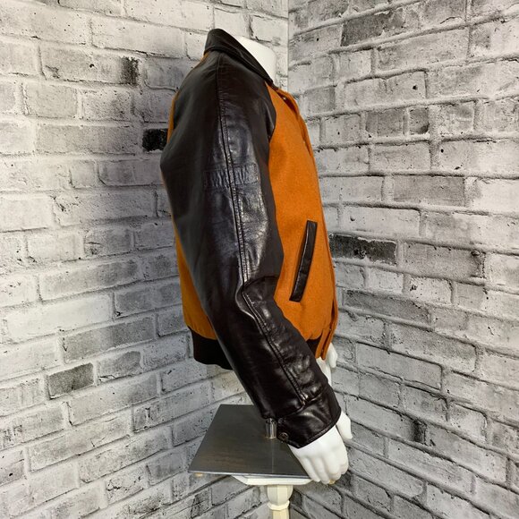 Vintage Varsity Bomber Jacket 44 Brown Wool Leather Quilt Lined Miners Union - Picture 3 of 13